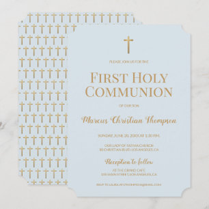 Soft Blue Gold Cross Boy Erste heilige Kommunion Einladung