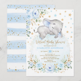 Soft Blue Gold Floral Elephant Virtual Baby Dusche Einladung