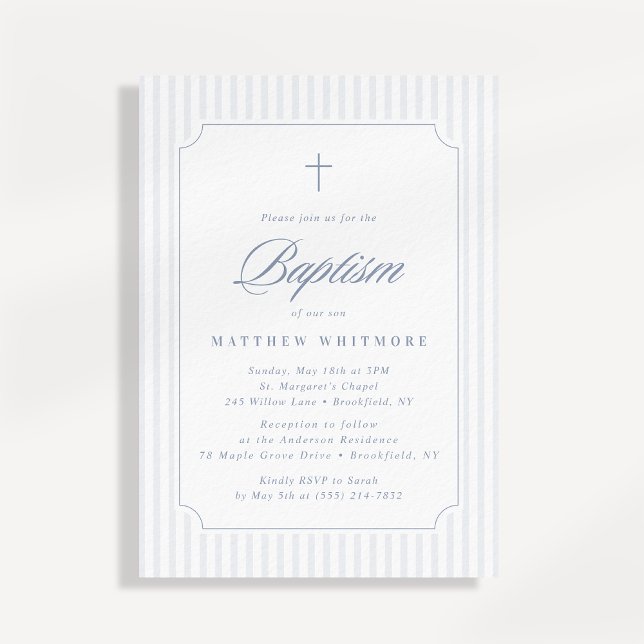 Soft Blue-Gray Striped Baptism Invitation (Créateur téléchargé)