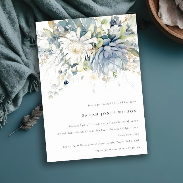 Soft Blue Green Succulent Floral Baby Shower Einladung (Von Creator hochgeladen)
