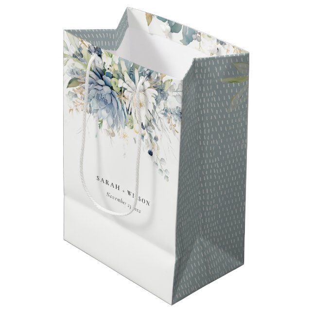 Soft Blue Green Succulent Floral Botanical Wedding Mittlere Geschenktüte (Vorderseite Schrägansicht)