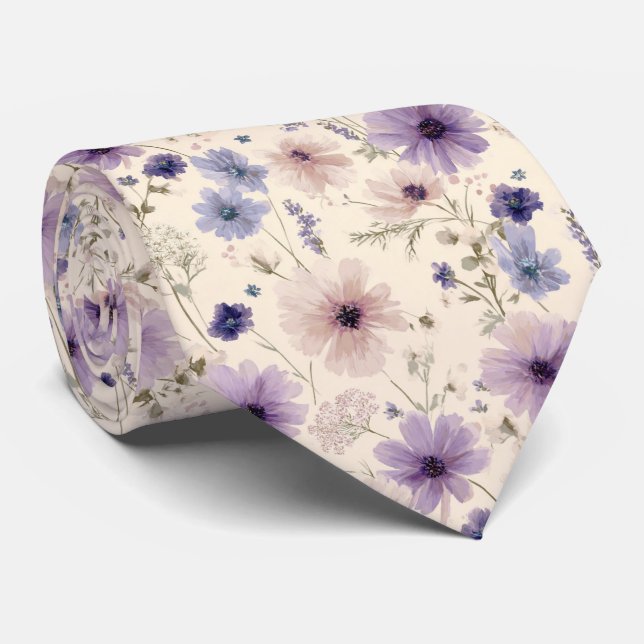 Soft Blue & Lila Cosmos Wildblume Wedding Krawatte (Gerollt)