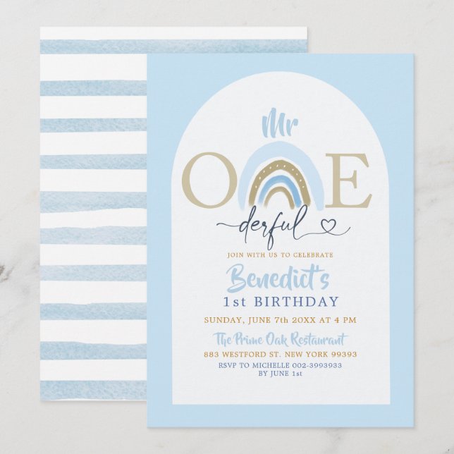Soft Blue Minimalistisch Mr. Onederful Boys Geburt Einladung (Vorne/Hinten)