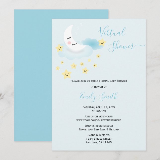 Soft Blue Moon & Stars | Virtual Baby-Dusche Einladung (Vorne/Hinten)