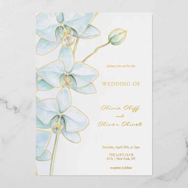 Soft Blue Orchid Wedding Folieneinladung (Vorderseite)