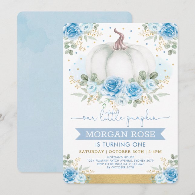 Soft Blue Pumpkin Watercolor Rose Babydusche Einladung (Vorne/Hinten)