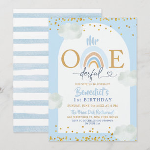 Soft Blue Rainbow Mr. Onederful Boys Geburtstag Einladung