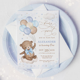 Soft Blue Teddy Bear Balloons Birthday Boy Party Einladung