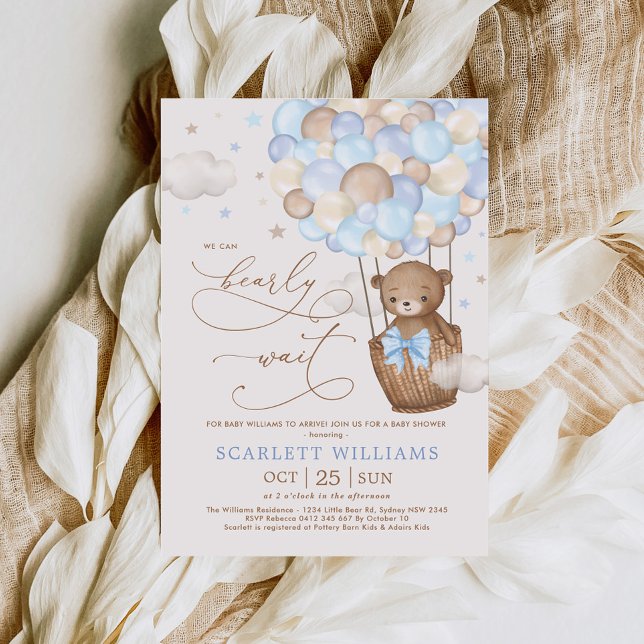 Soft Blue Teddy Bear Hot Air Balloon Baby Shower Einladung (Von Creator hochgeladen)