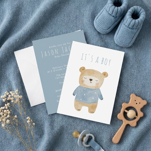 Soft Blue Teddy Bear sleepy Baby Dusche Einladung (Soft Blue Teddy Bear sleepy Baby Shower Invitation)
