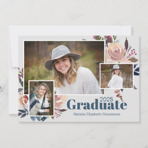 Soft Blue Three Foto Watercolor Graduation Party Einladung