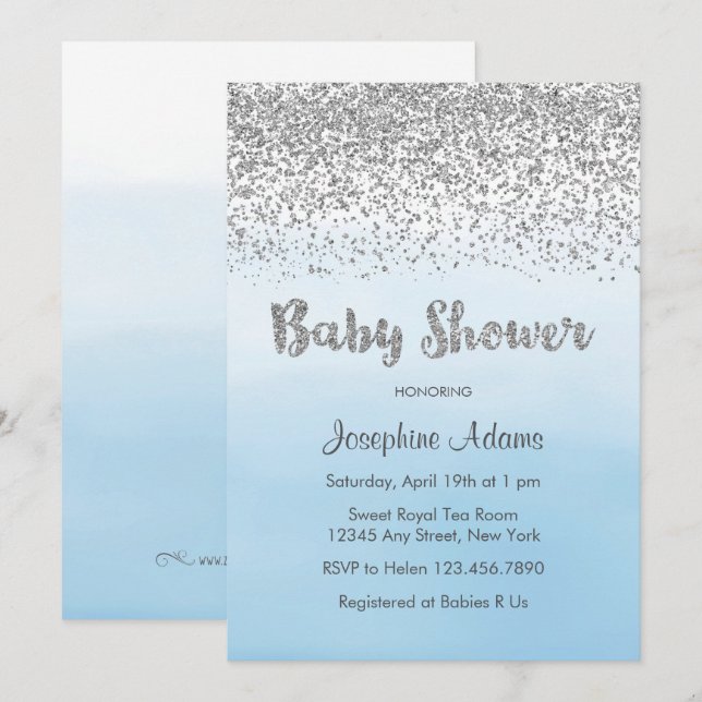 Soft Blue und Silver Baby Dusche Einladung (Vorne/Hinten)
