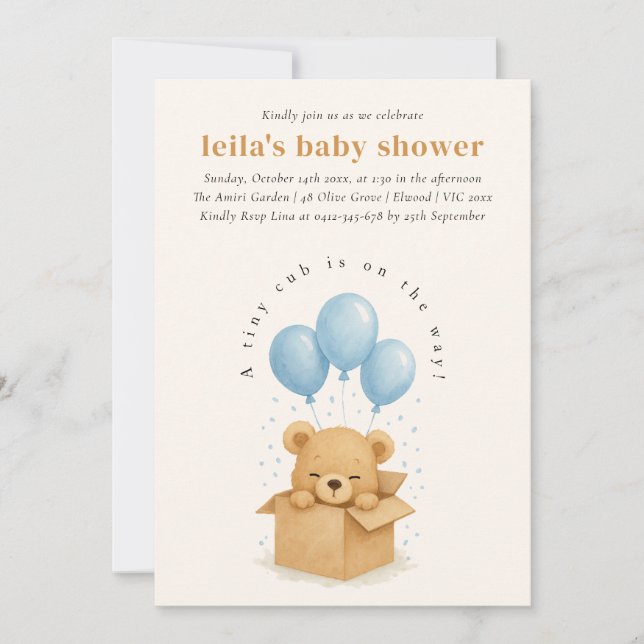 Soft Blue Watercolor Bear Balloon Babydusche Einladung (Vorderseite)