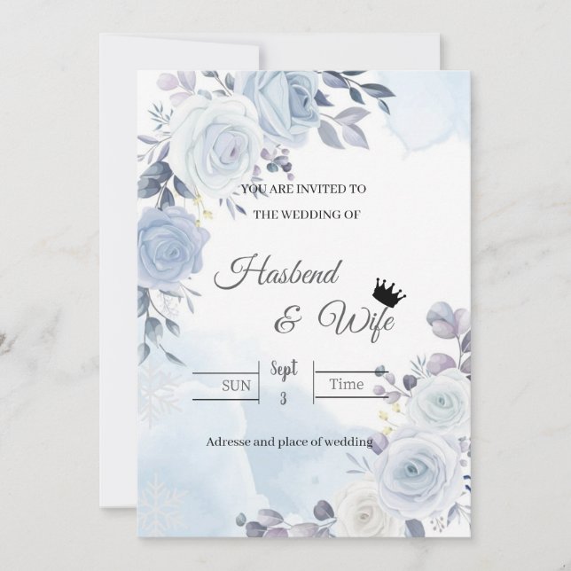 Soft Blue Watercolor Floral Wedding Invitation (Devant)