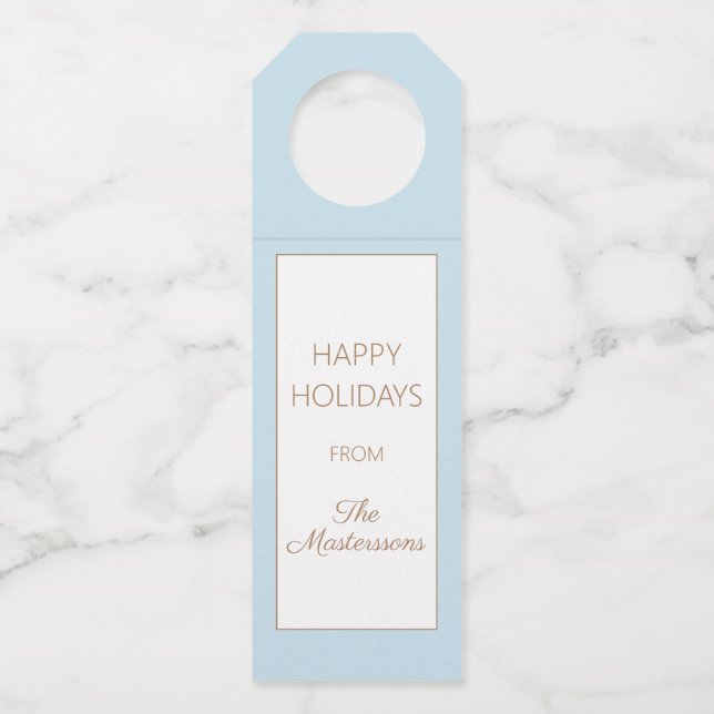 Soft Blue White Happy Holidays Weihnachten Party Flaschenanhänger (Vorderseite)