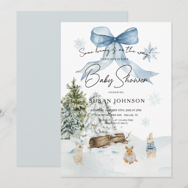 Soft Blue Winter Wonderland Bunny Bow Baby Dusche Einladung (Vorne/Hinten)