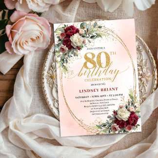 Soft Blush Boho Floral 80th Birthday Party Invite Einladung