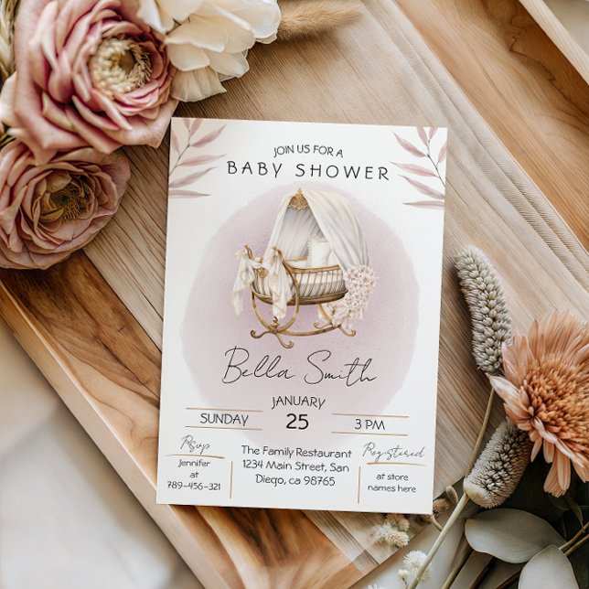 Soft Blush Gold Bassinet Baby Shower Invitation (Créateur téléchargé)