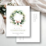 Soft Blush Grüner Weihnachtskranz Farbe Feiertagspostkarte<br><div class="desc">Wenn Sie weitere Anpassungen benötigen,  schreiben Sie mir bitte an yellowfebstudio@gmail.com.</div>