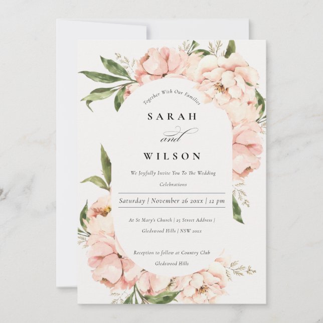 Soft Blush Peach Floral Capsule Wedding Invitation (Devant)