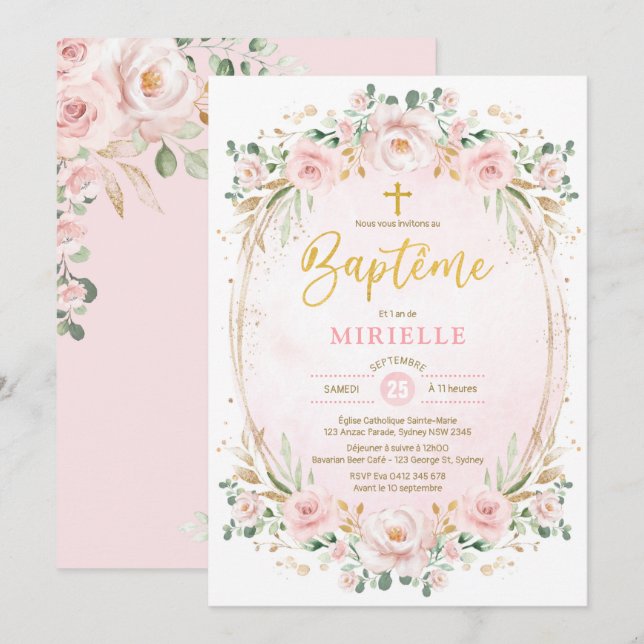 Soft Blush Pink Gold Floral Girl Taufe Französisch Einladung (Vorne/Hinten)