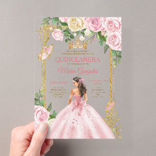 Soft Blush Pink Mis Quince Crown Gold Quinceñera Acryleinladungen