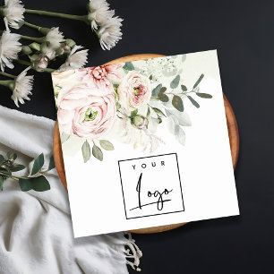 Soft Blush Pink Peony Leafy Botanisches Blumenlogo Quadratische Visitenkarte