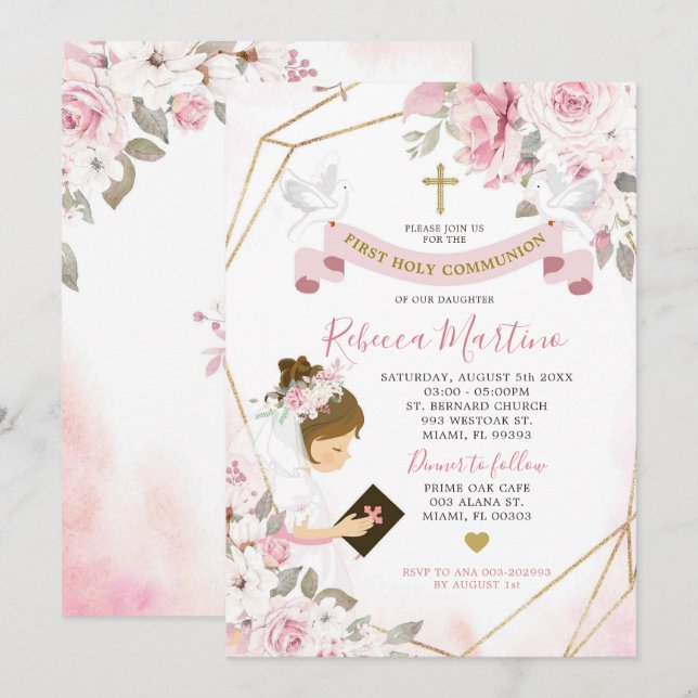 Soft Blush Pink Rose Girl Erste Heilige Kommune Einladung (Vorne/Hinten)