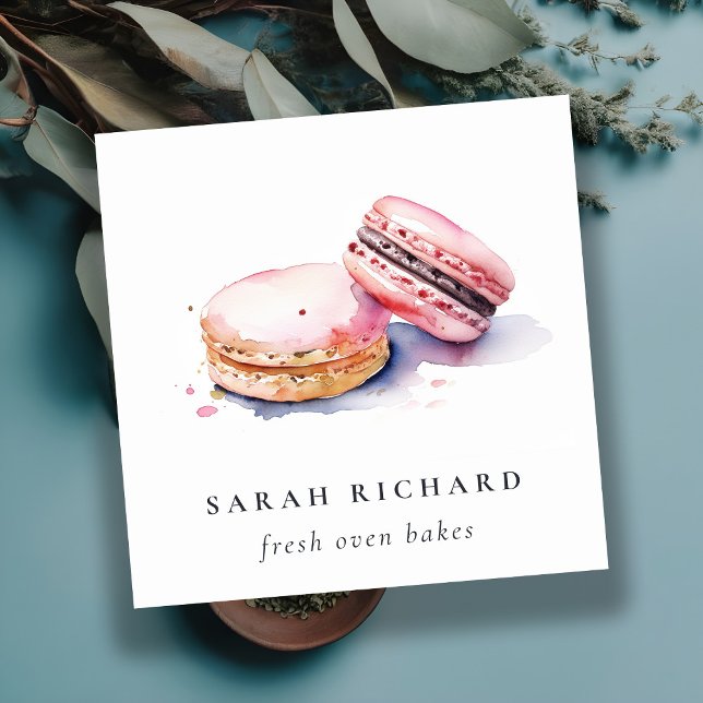 Soft Blush Pink Wasserfarbe Französisch Macarons B Quadratische Visitenkarte (Von Creator hochgeladen)