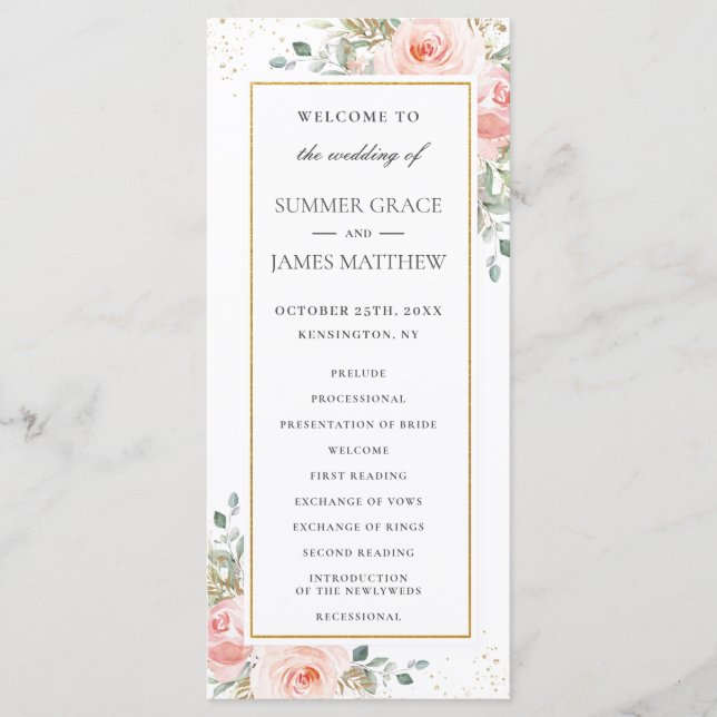Soft Blush Rose Floral Gold Programme de mariage f (Devant)