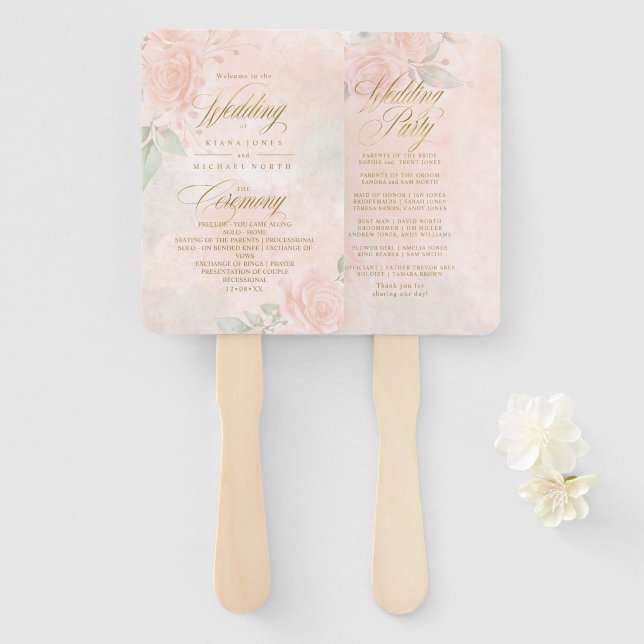 Soft Blush Rose Hochzeitsprogramm ID828 Fächer (Vorne und Hinten)