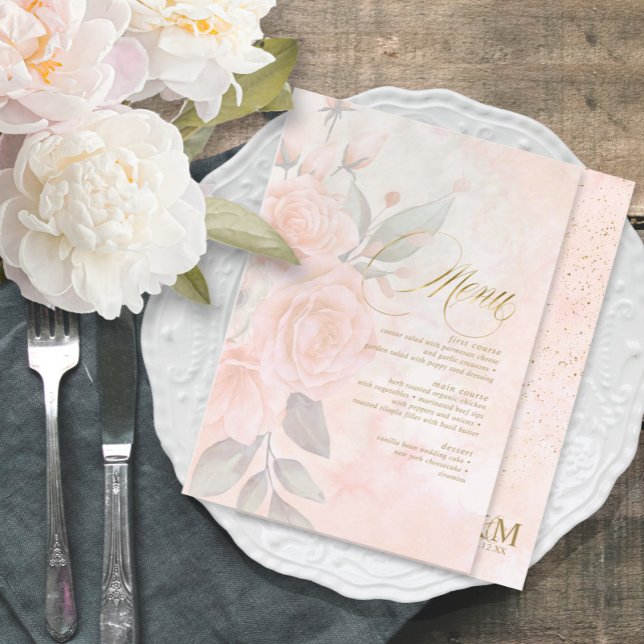 Soft Blush Rose Wedding Menu ID828 Menükarte (Von Creator hochgeladen)