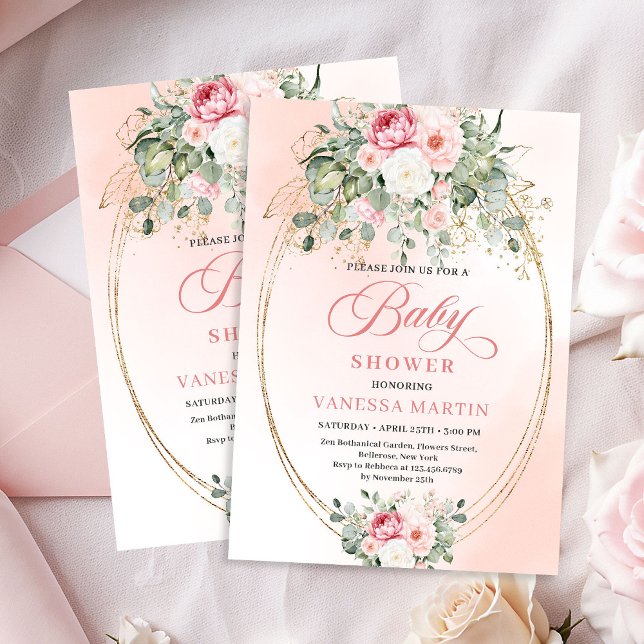 Soft Bohemian Blush Floral Gold Baby Shower Invite Einladung (Soft Bohemian Blush Floral Gold Baby Shower Invite)