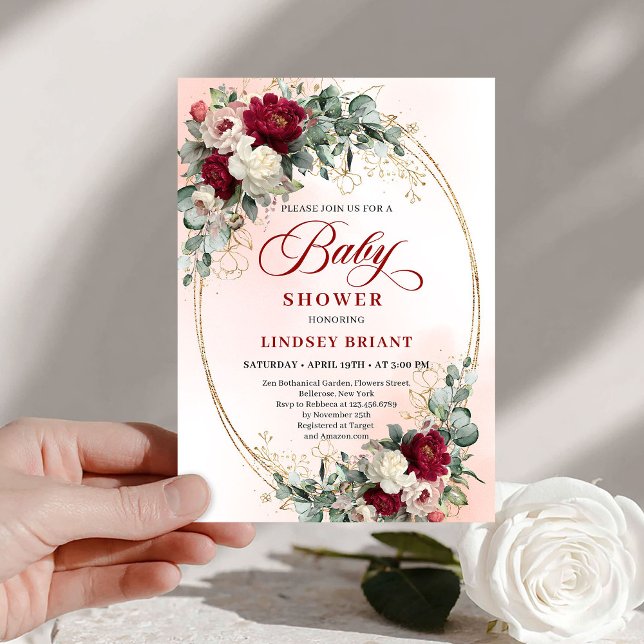 Soft Bohemian Burgundy Greenery Baby Shower Invite Einladung (Soft Bohemian Burgundy Greenery Baby Shower Invitation)