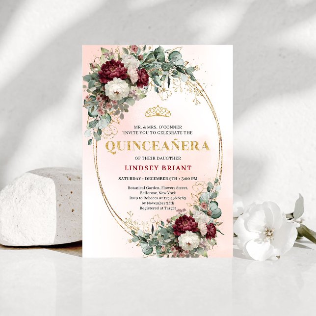 Soft Bohemian Marsala Flowers Gold 15th Birthday  Einladung (Soft Bohemian Marsala Flowers Gold 15th Birthday Invite)