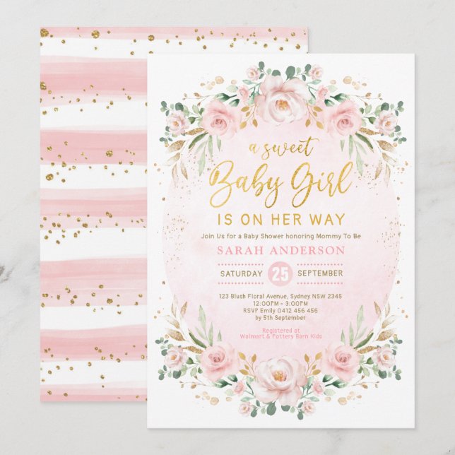 Soft Boho Blush Blumenstrauß Girl Babydusche Einladung (Vorne/Hinten)