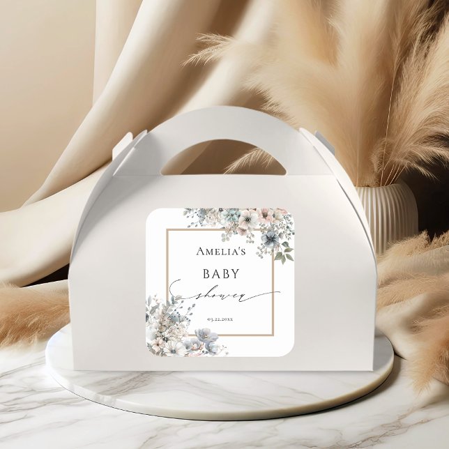 Soft Boho Floral Elegante Bohemische Babydusche Quadratischer Aufkleber (Von Creator hochgeladen)