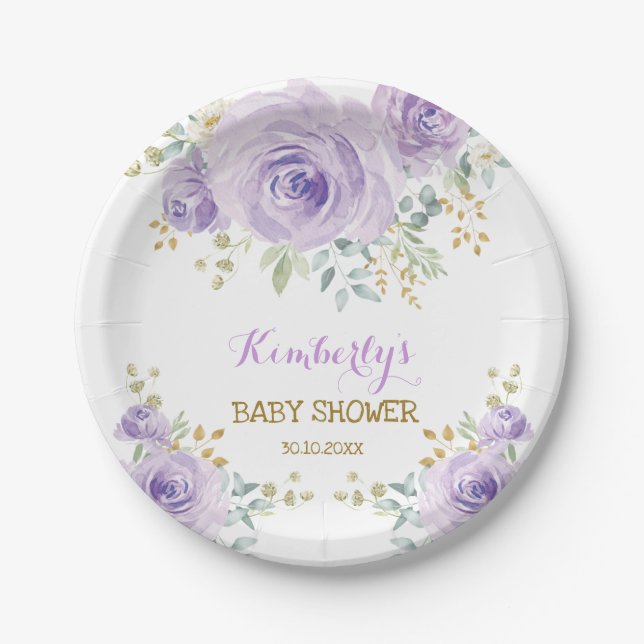 Soft Boho Lavender Gold Floral Baby Dusche Pappteller (Vorderseite)