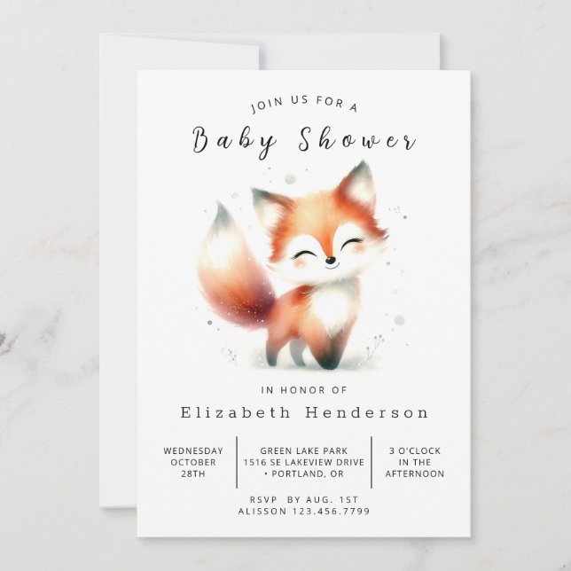 Soft Boho Style Fox Babydusche Einladung (Vorderseite)