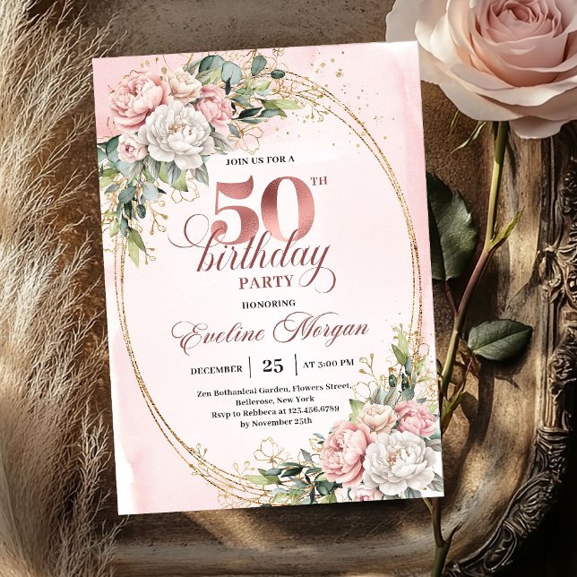 Soft Botanical Blush 50th Birthday Invitation Einladung (Soft Botanical Blush 50th Birthday Invitation)