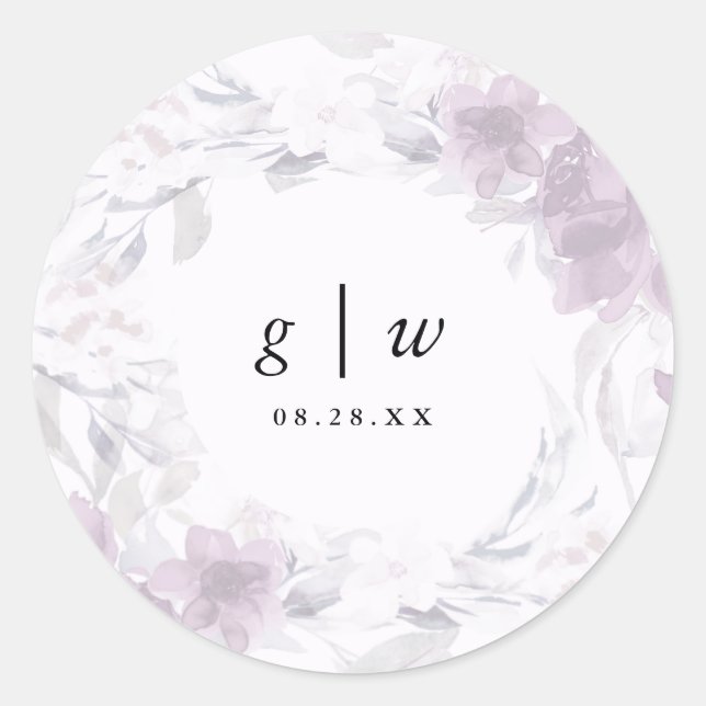 Soft Botanical Floral Monogram und Date Wedding Runder Aufkleber (Vorderseite)