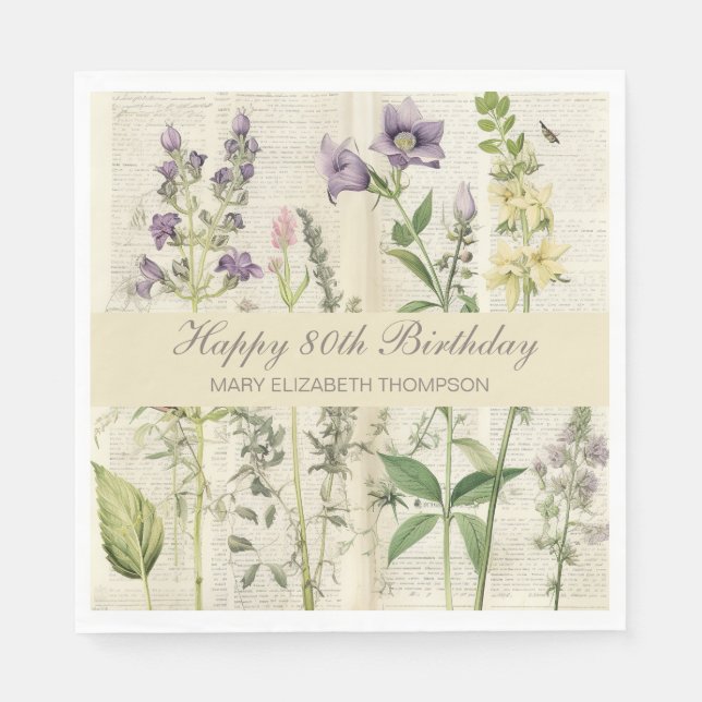 Soft Botanical Vintaqe Wildblume 80. Geburtstag Serviette (Vorderseite)