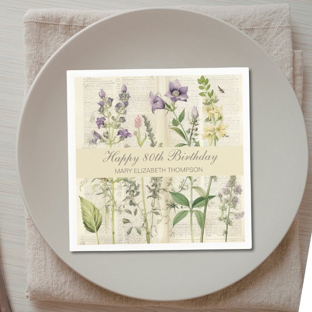 Soft Botanical Vintaqe Wildflower 80th Birthday Serviette (Von Creator hochgeladen)