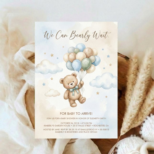Soft Brown and Sage Balloon Teddy Bear Baby Shower Einladung (Von Creator hochgeladen)