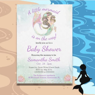 Soft Brown Mermaid Baby Dusche Wasserfarbe Thema Einladung