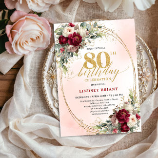 Soft Burgundy Bohemian Floral 80th Birthday Invite Einladung