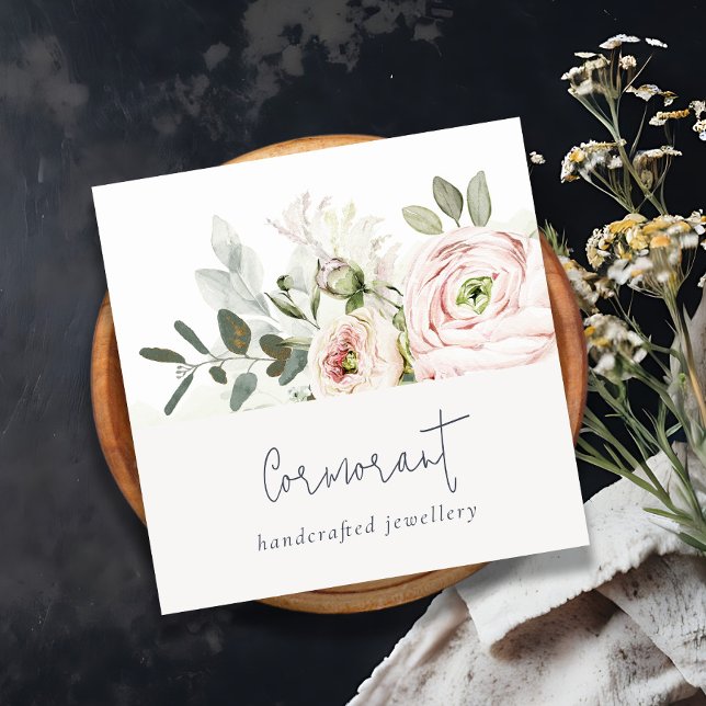 Soft Chic Blush Pink Peony Leafy Botanical Floral Quadratische Visitenkarte (Von Creator hochgeladen)