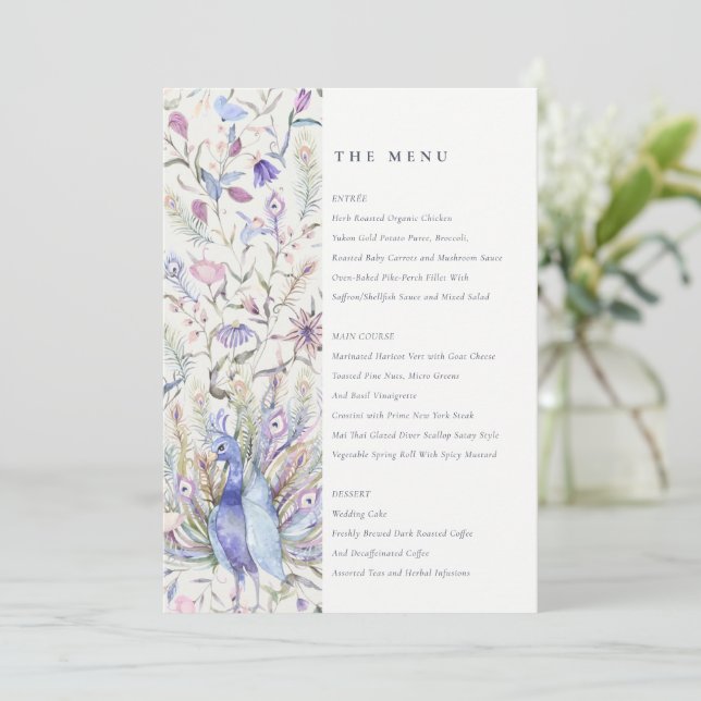 Soft Classy Verziert Watercolor Peacock Wedding Me Einladung (Stehend Vorderseite)