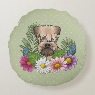 Soft-Coated Wheaten Terrier Bunte Blumen Grün Rundes Kissen