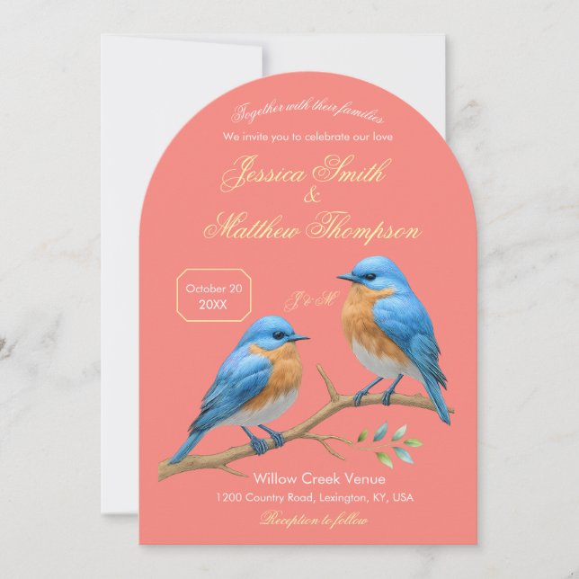 Soft Coral Lovebirds Romantic Bluebirds Wedding Einladung (Vorderseite)